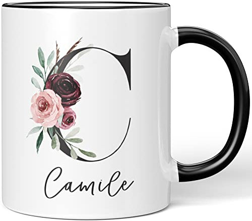 JUNIWORDS Tasse, Camile, Name Anfangsbuchstabe Initial Alphabet Floral Buchstabe C Monogramm Motiv, Schwarz (5560800)
