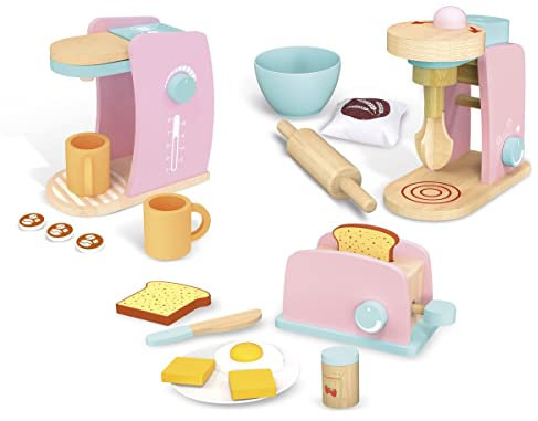 Leomark Set di utensili da cucina in legno - 3 in 1 - colore pastello, Macchina da caffè, Tostapane, Sbattitore, Caffettiera per Bambini, Set da Cucina, Giocattolo educativo con Accessori
