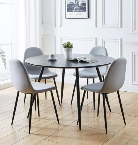 Hallowood Furniture Cullompton Black Round Dining Table and 4 Chairs Set | 120cm Wooden Grain Effect Black Table with Grey Fabric Chair, Easy Assembly and Stylish Kitchen and 5-piece Dining Furniture