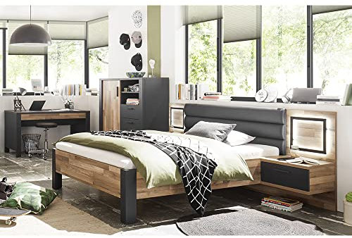 Lomadox Jugendzimmer Set mit Bett, Nachtkonsolen, Highboard und Schreibtisch in Holzoptik in Montana Eiche Nb. mit grau