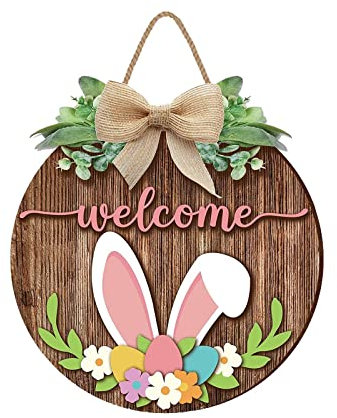 Ostern Deko Türkranz Osterkranz Haustür Frühling Ostern-Holzanhänger Hase Willkommens-Türhänger Country Ostern-Holzkranzschild 30cm/11.8in Wandkranz Türkranz Osterdeko für Tür Wand Fenster