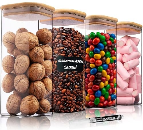 Deco haus® Bocaux en Verre Hermétique Lot de 4 [+ÉTIQUETTES] - Bocal en Verre avec Couvercle 4x1600ml - Bocal Rangement Cuisine - Bocaux de Conservation - Boite Anti Mites - Pot Hermétique Alimentaire