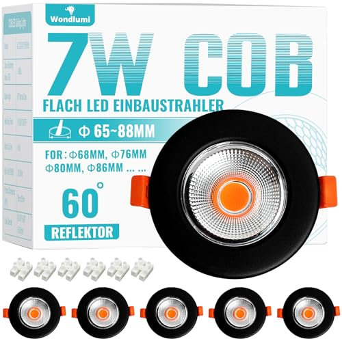 Wondlumi 6er Einbaustrahler LED 7W Set 65mm LED Spots 230V Warmweiß 3000K Einbauleuchten Rund Schwarz Matt Deckenspots für Küche Wohnzimmer