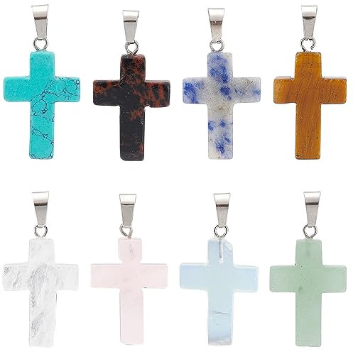 SUNNYCLUE 1 Box 16 Stück 8 Farben Stein Kreuz Charms Bulk Kreuz Edelstein Charm Quarz Naturkristall Verschiedene Bergsteine Kreuz Charm Für Schmuckherstellung Charms DIY Halskette Ohrringe Erwachsene