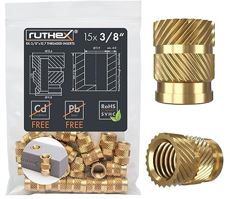 ruthex Set di inserti filettati 3/8“ UNC (passo grosso), 15 boccole filettate RX-3/8“-16-x12,7 in ottone, dadi a pressione robusti per parti in plastica di stampe 3D, utilizzabili tramite calore