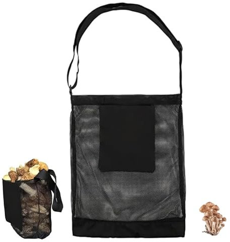 BVSRCP 1 Stück Schwarze Netztasche für pilz, Zusammenklappbare Jagdtasche Netztasche, Pilzkorb, Mushroom Foraging Gürteltasche, Verstellbarem Schultergurt Pflücken Pilzen, für Wandern, Camping