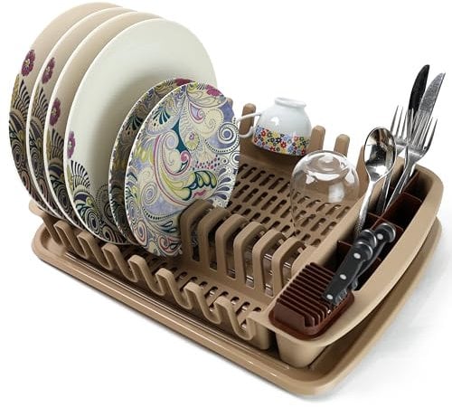 DIVCHI Dish Drainer Plastic Dish Drying Rack Sink Drainer With Cutlery Cup Utensil Holder For Kitchen Counter (Brown)