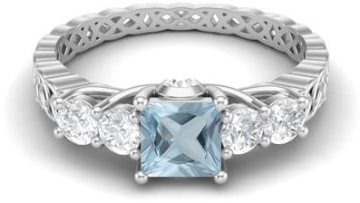 MOONEYE 1,21 Karat quadratische Form Aquamarin Edelstein Verlobungsring aus 925er-Sterlingsilber mit fünf Steinen für Damen Sterlingsilber, 51