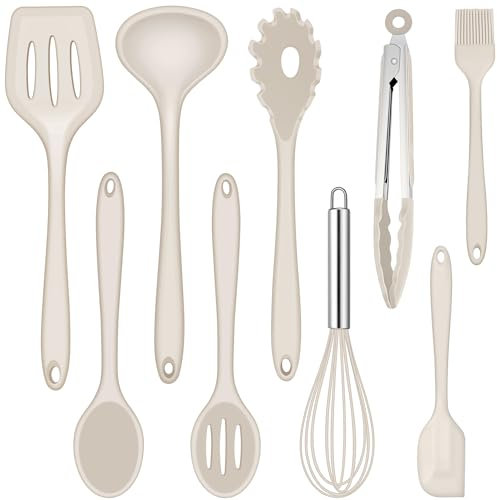 Joyfair Küchenhelfer Set, 9 Stück Küchenutensilien Silikon, Hitzebeständiges Kochutensilien Kochgeschirr Set mit Pfannenwender Schneebesen Grillzange, Antihaft Kochbesteck zum Kochen & Backen - Khaki