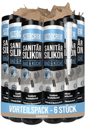 PROCREA® 6x Premium Sanitärsilikon Bad & Küche (Bahamabeige) [mit Anti-Schimmel-Formel] Dichtmasse für innen & außen - Universal Silikon in Profi-Qualität (beige) - Made In Germany