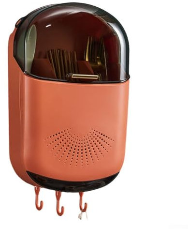 Hasaller Besteckkorb mit Haken, Drahtgestell zum Aufhängen, für Küchentheke, Besteck-Aufbewahrungskorb, Besteckkasten für Spatel, Zange, Essstäbchen, durchscheinender Deckel (orange)