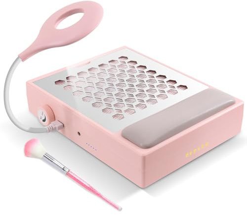 Depvko Nail Dust Collector, Nail Extractor Vacuum Cleaner with Lamp &Reusable Filter &Brush, Adjustable Electric Nail Fan Dust Vacuum Manicure Tool for Acrylic Gel Nail Polishing, Low Noise (Pink)