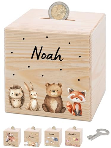 Bärenfreunde® - Personalisierte Spardose Kinder aus Holz mit Metallschloss - Spardose mit Namen mit kinderfreundlichem UV-Druck zum Sparen für Kinderträume (Waldtiere Punkte)