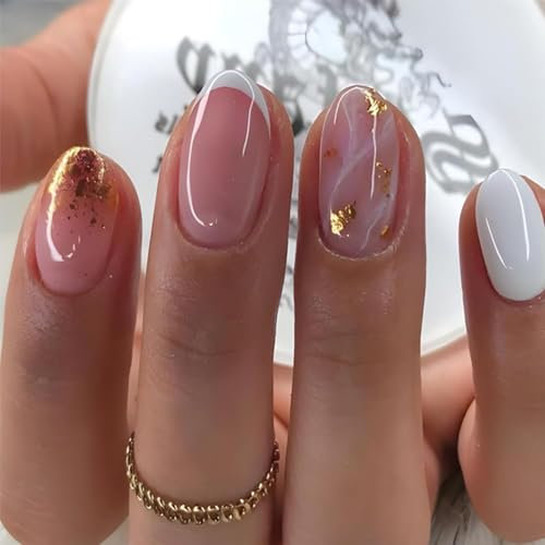 Hebterrka Lot de 24 faux ongles à pression arrondis en forme d'amande, design doré, pour femmes et filles