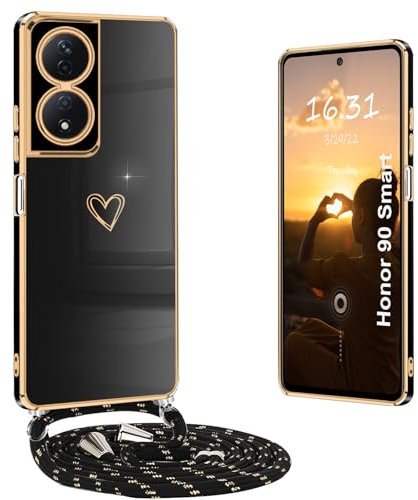 Yutwo Coque Honor 90 Smart avec Cordon et Collier - Housse Silicone Antichoc Motif Cœur - Étui avec Cordon Réglable, Noir