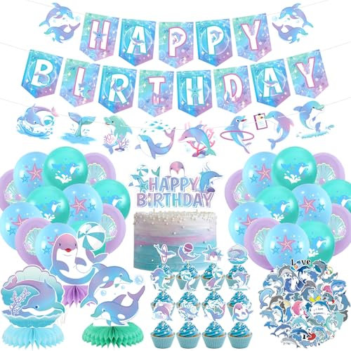 Delphin Party Dekorationen, alles Gute zum Geburtstag Banner, Cake Toppers, Delphin Girlande, Ballons, Aufkleber, Honeycomb Centerpieces, für DelphinThema Geburtstag Baby Dusche Party Supplies