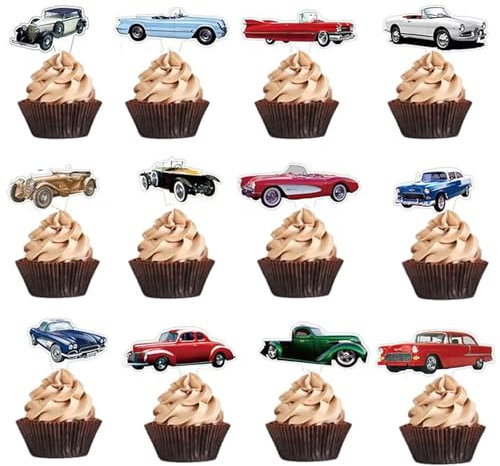 24 Pcs Classic Cars Cupcake Toppers Convertible Vintage Car Cupcake Picks for Birthday Baby Shower Anniversary Wedding Engagement Party Decoration Supplies