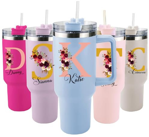 EKAM Personalised Tumbler with Handle and Straw, Customized 40oz/1135ml Insulated Stainless Steel Travel Coffee Cup Initial with Name, Gift for Birthday, Christmas Day or Any Other Occasion