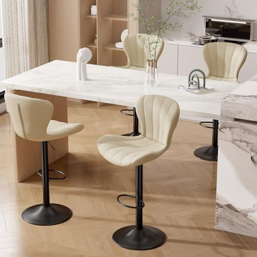 Hawthyhome Barhocker 4er Set Höhenverstellbar Barstühle 360° Drehstuhl mit Rückenlehne Küchenstühle mit Fußstütze PU-Leder für die Küche/Wohnzimmer/Bar/Esszimmer Beige