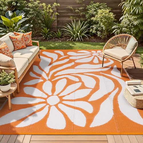 TUKDAK Outdoor Teppich Wetterfest 150×245cm, Orange Reversible Teppich für den Innen und Außen, UV-Resistant Carpet für Hinterhof, Leichtgewicht Recycelter Kunststoff Terrasse Matte für RV Balkon