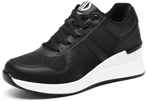 GURGER Zapatillas de Cuña para Mujer Zapatillas de Deporte Tacón de Cuña de 6 CM Transpirable Ligero Wedge Plataforma Sneakers Negro 39