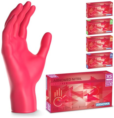 500x ARNOMED® Guanti nitrile XS Rosso, Guanti monouso senza polvere e lattice, Guanti plastica usa e getta dermanytril, Per cucina, pulizia casa, alimenti e tattoo XS, S, M, L, XL