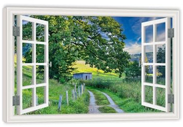 Quadro con Effetto 3d Finestra Aperta su,Sunrise Meadow Sunshine Countrysides,Vista Dalla Finestra Natura Paesaggio Stampa su Tela.Decorazione da Parete Moderna120x80cm(47x31in)Cornice interna