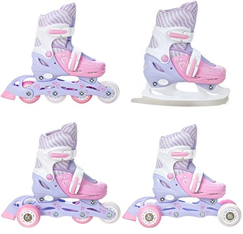 RAVEN 4in1 Inline Skates Triskates Rollschuhe Schlittschuhe Inliner für Kinder Mädchen verstellbar Geburtstag Geschenk (Loret Lila/Pink, 30-33 (18,5cm-20,5cm))