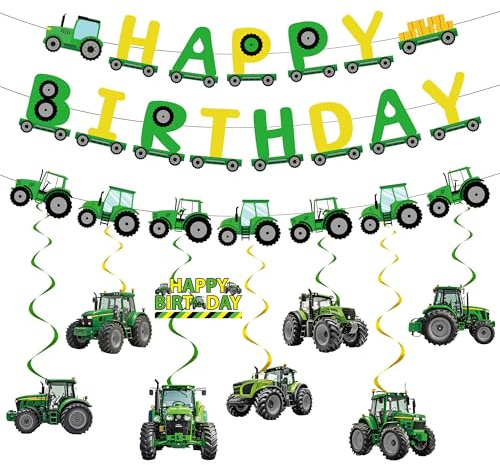 Traktor-Geburtstagsparty-Dekorationen, Banner – 11 Stück, grün, Happy Birthday, Wimpelkette, Bagger, hängende Wirbel für Bagger, Motto-Babyparty, 2. / 3. Geburt, Dekorationen für Jungen