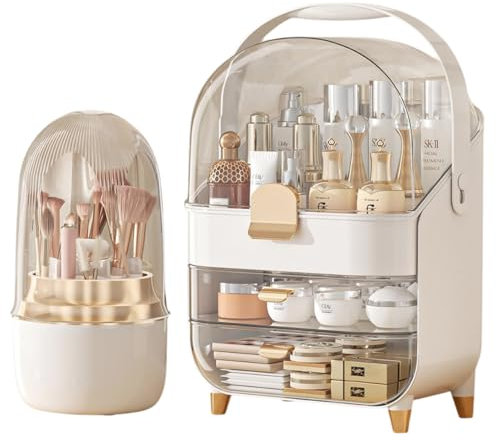 RYDR Multi-Purpose Makeup Organiser Case with Rotating Brush Holder - Dustproof Cosmetic Storage Box for Skincare Products, Jewellery, Perfumes, Lipstick for Bedroom Bathroom Countertop (White/Gold)