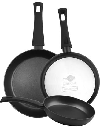 Wecook! Ecogreen Juego de Sartenes Antiadherentes Set de 3 sartenes 20-24-28 cm de Aluminio Prensado – Apta para todas las cocinas Inducción, Gas y Vitrocerámica, libre PFOA, Mango Soft Touch, Negro