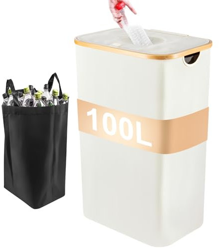 Toemics Pfandflaschen Sammelbehälter, 100L Pfandflaschen Behälter Mit Deckel & 2 Abnehmbaren Tragetaschen, Flaschensammler Leergut Fasst 30 Leere Flaschen, Leergut Für Küche Und Lagerraum, Beige