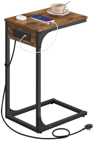 VASAGLE C-Shaped Side Table, End Table with Charging Station, for Couch, Sofa, Adjustable Feet, for Bedroom, Living Room, 2 USB Ports and Outlets, Rustic Brown LET362KD01