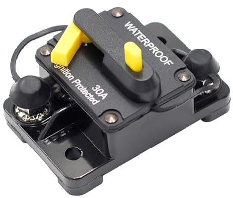 Disjoncteur Voiture 30A, Disjoncteur 12V-48V Réinitialisation Manuelle, Protection Étanche pour Voiture, Moteurs Pêche à la Traîne Bateau ATV Système Audio DC, Fusible avec Couvercle de Montage Lsolé