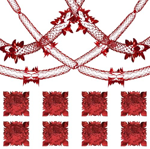 8 Pcs Christmas Ceiling Decorations Indoor,Hanging Red Foil Garland Streamers Xmas Tree Garlands Ceilings Decoration House Dangly Seiling Swirl Foils Tinsel,for New Year Christma Party Home Decor