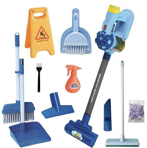 KIDSOU WORLD Aspirateur Enfant Jouet Fonctionnel + Set ménage 9 pièces - Jouet Mixte 2 Ans Balai Jeux éducatif - Cadeau Enfant 3 Ans garçon Fille avec Perles colorées - Piles Non incluses 2×AA