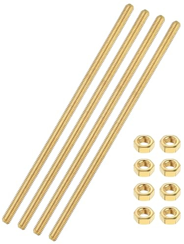 sourcing map 4 Sets Brass Fully Threaded Rod, M4x0.7mm Pitch Right Hand Threads Studs with Solid Brass Hex Nuts, 120mm/5 Long Threaded Screw Rods Fasteners for Anchors Bolts Hangers Clamps