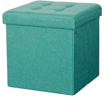 Large Ottoman Foldaway Storage Blanket Toy Box Bench Twill Linen with Buttons Folding Footrest, Toy Box & Blanket Chest for Home (Emerald, 38cm x 38cm)