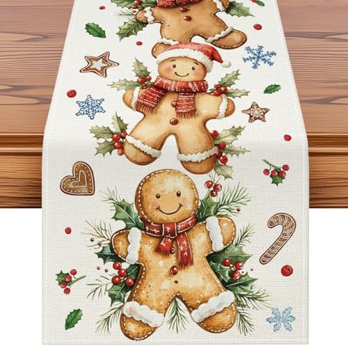 JOTOM Weihnachten Tischläufer, Tischband Küche Esstisch Dekoration für Party Wohnzimmer Esszimmer Garten, Innen & Außen Weihnachtstischdecke Weihnachtsdeko (40x240cm, Ingwerkuchenmann)