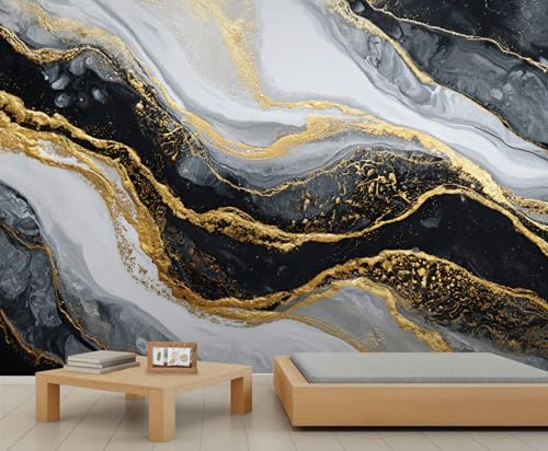 YEMYOR Marble Mural Wallpaper Black White Marble Wall Mural Irregular Golden Wavy Lines Wallpaper Abstract Fluid Art Sofa Background Murals for Living Room Bedroom-350x256cm