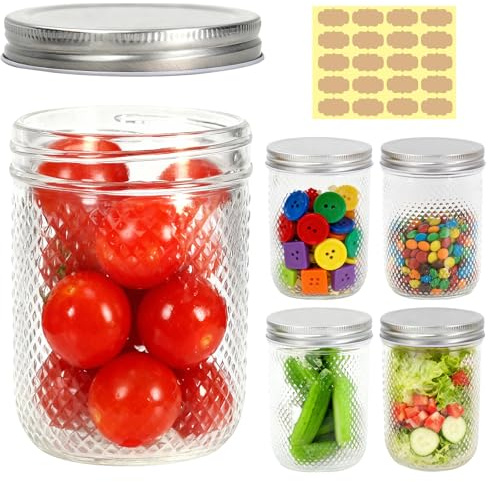 Acetiti 500ml Glass Mason Jars with Silver Metal Lids, Set of 5 | 17oz Wide Mouth Canning Jars with Labels, Vintage Glass Containers for Overnight Oats, Food Storage, Jam, Honey, Pickling