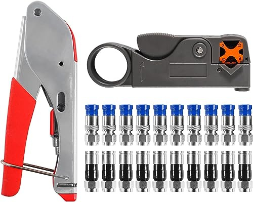 ALAMSCN Coax Cable Crimper Kit Compression Crimping Tool Coaxial Cable Stripper + 20PCS F Compression Connector for Coaxial Cable RG59 RG6