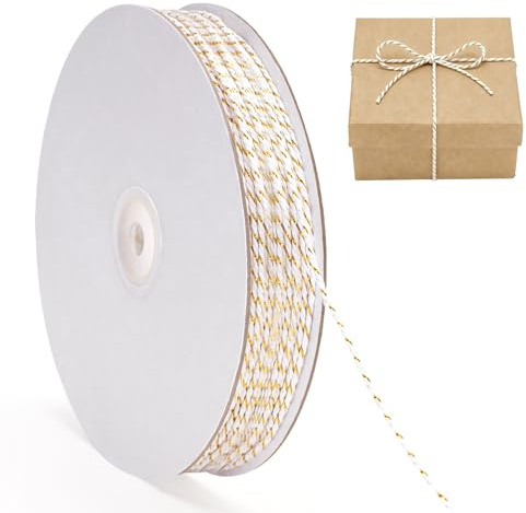 G2PLUS Weiß Geschenkschnur mit Goldschnur 2mm, 100M Weihnachten Baumwollschnur, Bastelschnur Dekokordel für DIY und Geschenkverpackung