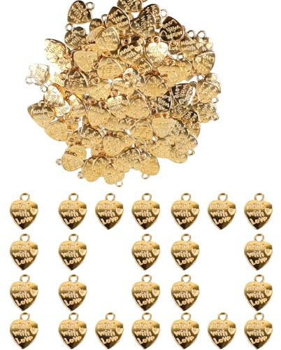 TIANCEWAN 100 Stück Herz Anhänger Gold mit Made With Love, Goldene Herz Anhänger Flach für Handmade Schmuck Armbänd Schlüsselanhänger