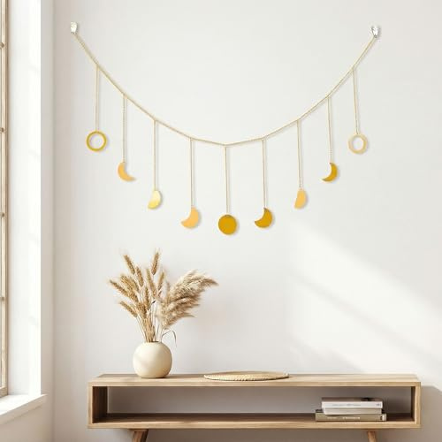 Mondphasen Girlande, Wanddeko Boho, Goldene Boho-Wanddekoration, Mondphasengirlande Ornamente Sonne und Mond Stil Metall Boho, für Wohnkultur, Schlafzimmer, Wohnzimmer, Café, Sofa (126cm)