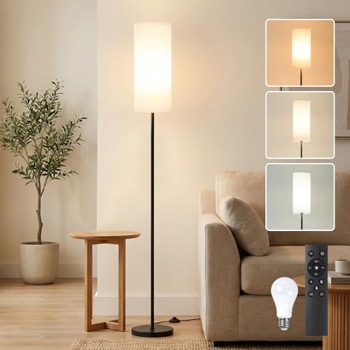 HEMVOR Stehlampe Wohnzimmer Dimmbar mit Fernbedienung, 12W LED Stehleuchte mit Leinen-Schirm Fußschalter, Modern Leselampe für Schlafzimmer Büro, 1H-Timer & Nachtlicht, 160cm Bodenlampe Schwarz