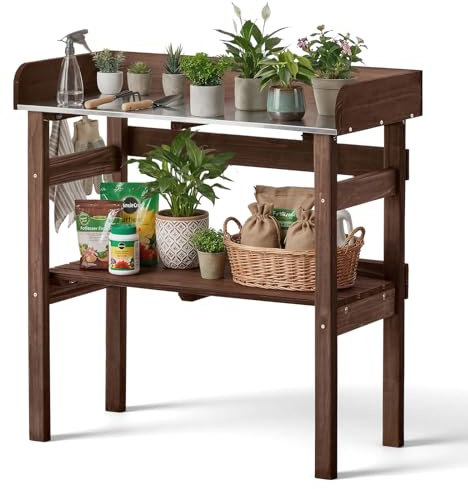 VEVOR Mesa de Jardinería, Banco de Trabajo de Jardín de Madera 78 x 38 x 82 cm con Tablero de Metal Galvanizado, Estante Superior, Ganchos, Cajón, Armario para Macetas Exterior Almacenamiento Patio