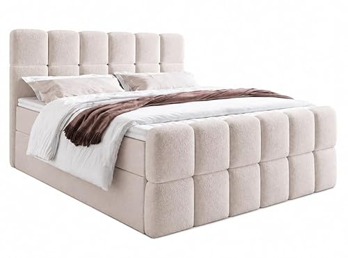 Boxspringbett SELA Kontinentales Polsterbett mit Kopfteil und Fußteil in Bouclé Stoff, Gepolstert, H3, Modernes Designerbett, Weiches Komfortbett, Doppelbett (Beige: Fredo 10, 200x200 cm)