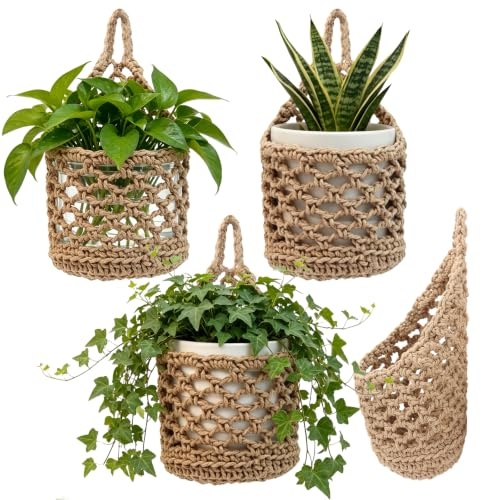 4er-Set Makramee Blumenampel Hängend – Boho Deko Balkon & Wohnzimmer | Hängeblumentopf aus Naturseil für Innen & Außen, Wanddeko Boho für Schlafzimmer, Aesthetic Room Decor Braun