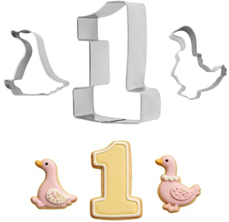 3pz Tagliabiscotti a Forma di Oca e Anatra, Tagliabiscotti a Forma di Oca e Numero 1 in Acciaio Inossidabile Pratici Strumenti Pasticceria Adatti per Compleanni Matrimoni Cucina Fai Da Te